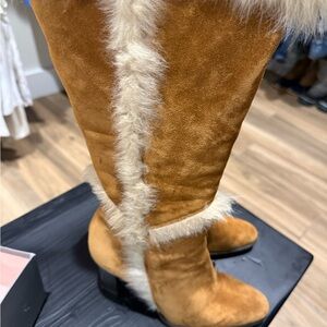 Ann Taylor Tan Suede Knee Boots with Cream Fur Trim